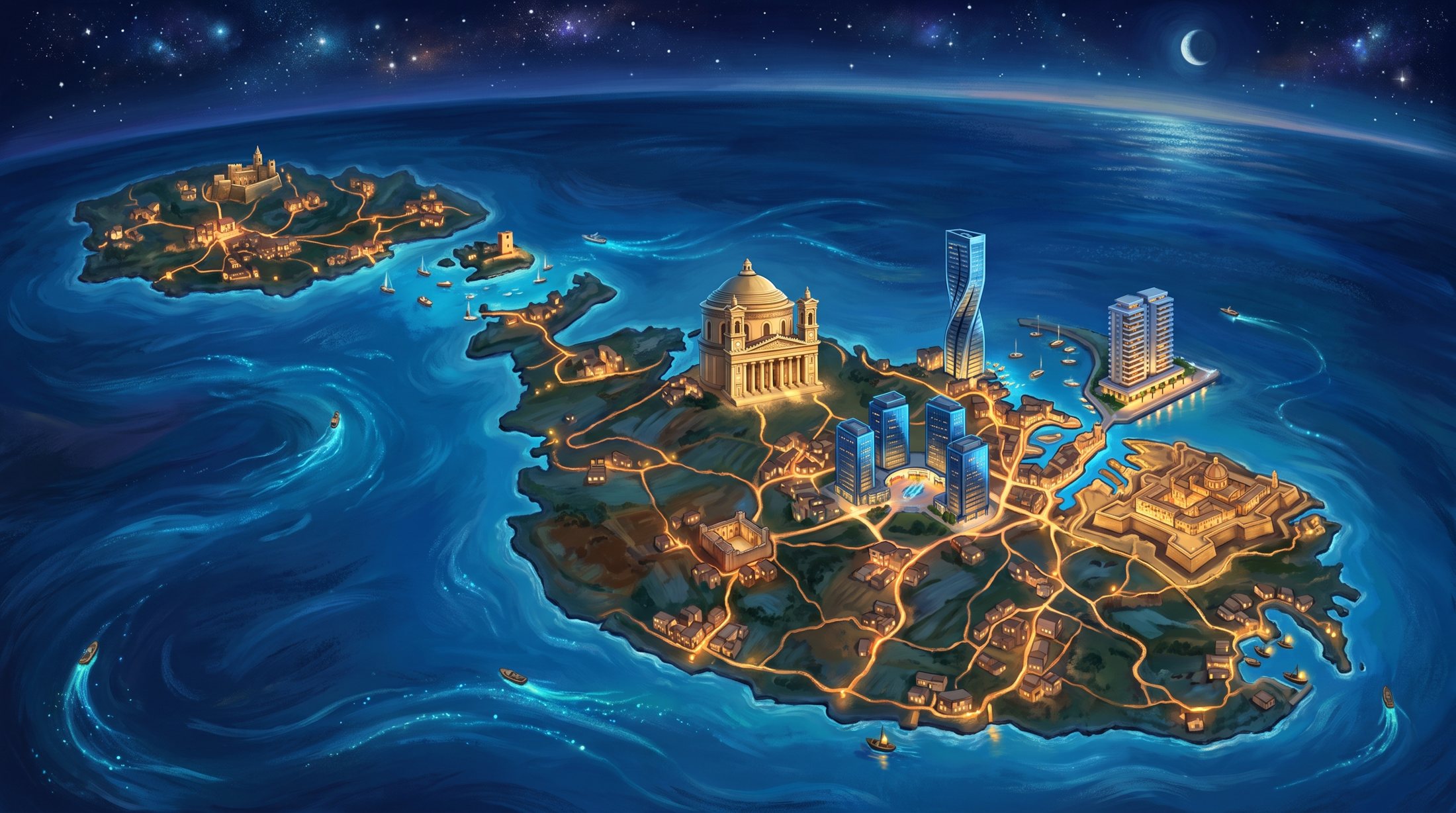 Illustrated night map of Malta showing the Fort Fitness clubs